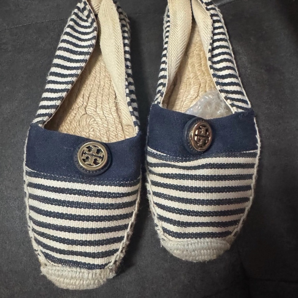 Striped Espadrille Flats with Button Detail